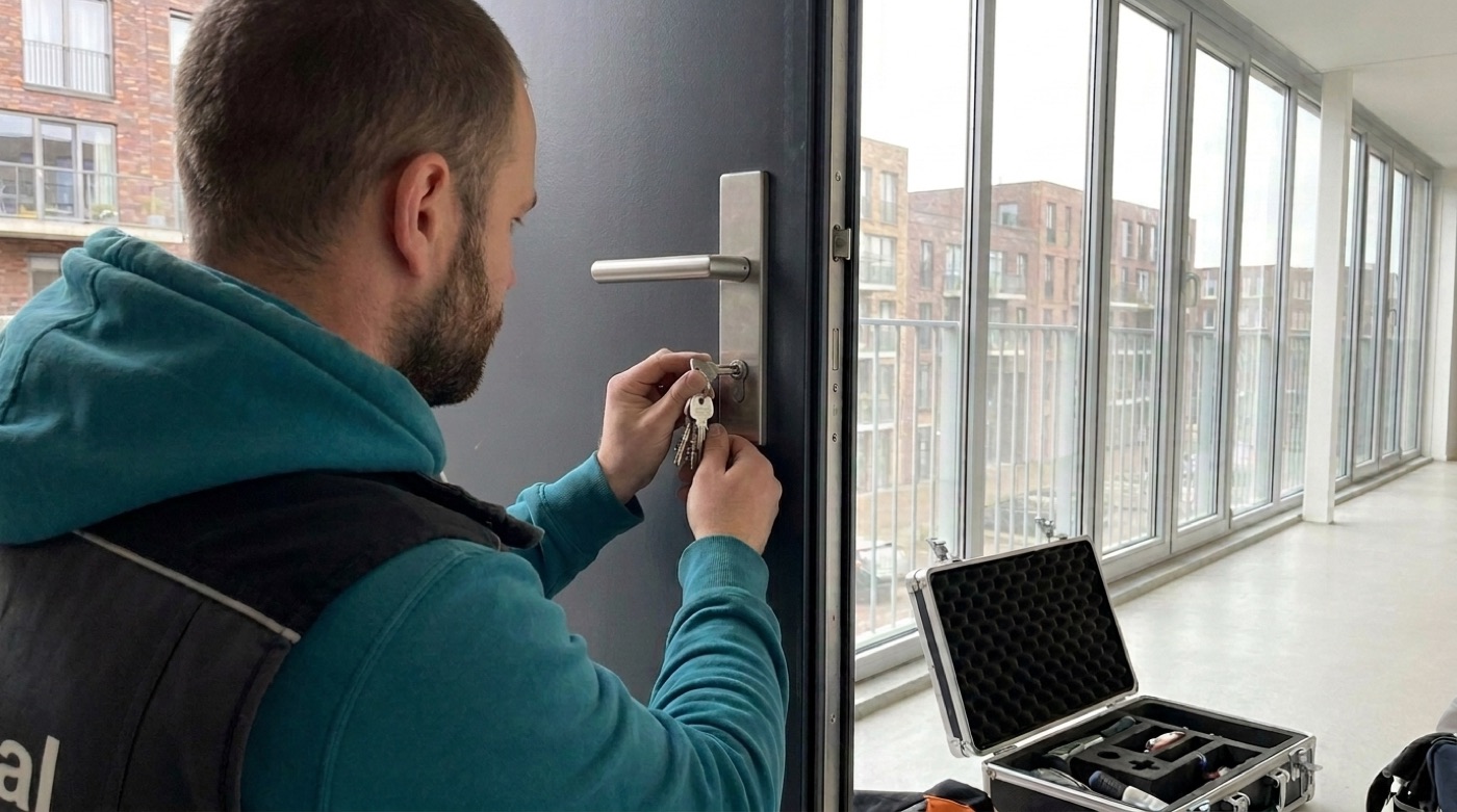 A new cylinder with keys being fitted in the door plate