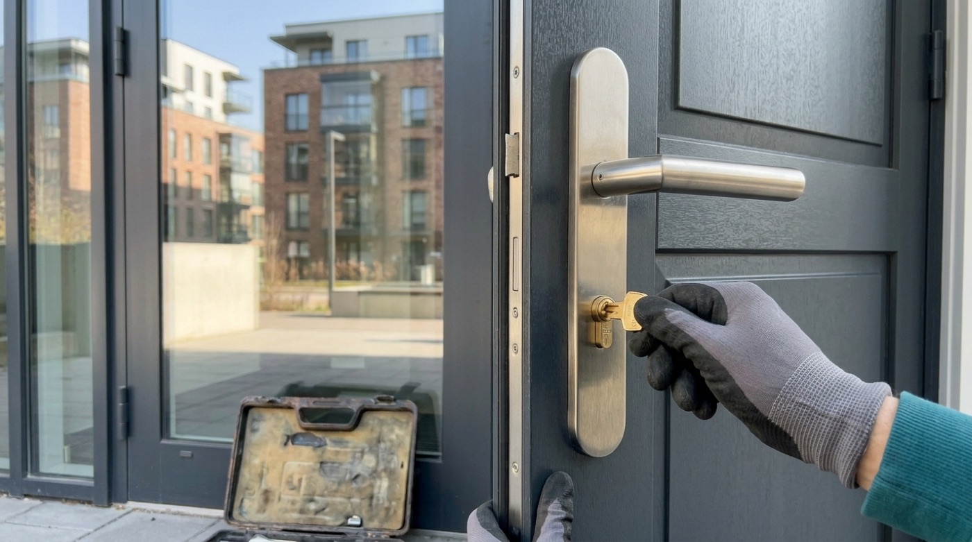 Locksmith turning a key in the new cylinder