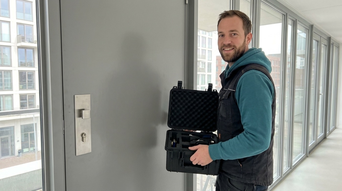Locksmith with his tool case in an Amsterdam apartment building